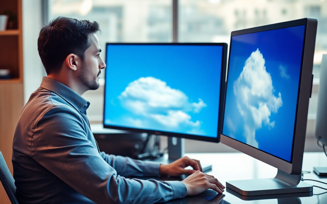 Man on computer with sky clouds on his monitor